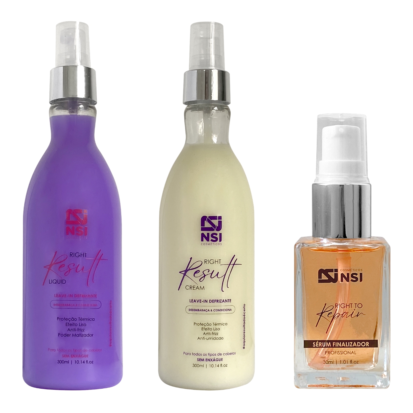 Kit Protetor Térmico E Anti-Frizz Right Result Creme 300 Ml + Líquido 300 Ml + Sérum Reparador De Pontas 30 Ml